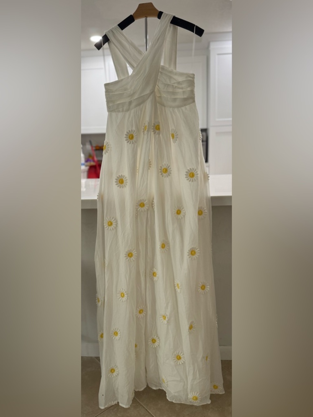 Trina Turk White Daisy Embroidered Maxi  Dress Criss Cross Halter- Size 6 - Picture 5 of 8